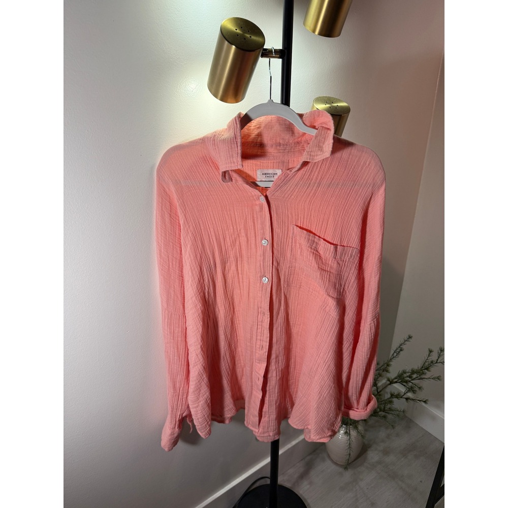 American Eagle Peach Cotton Crepe Oversized Boxy Button Down Shirt Long Sleeve
